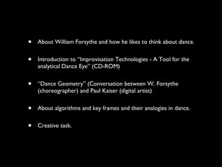 A slide from Forsythe's presentation showing a dancer's body overlaid with geometric lines and angles, illustrating the analytical approach to movement.