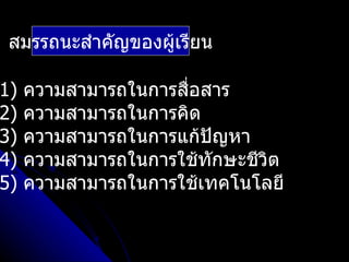 สมรรถนะสำาคัญของผูเรียน
                   ้

1)   ความสามารถในการสือสาร
                      ่
2)   ความสามารถในการคิด
3)   ความสามารถในการแก้ปัญหา
4)   ความสามารถในการใช้ทักษะชีวต
                               ิ
5)   ความสามารถในการใช้เทคโนโลยี
 