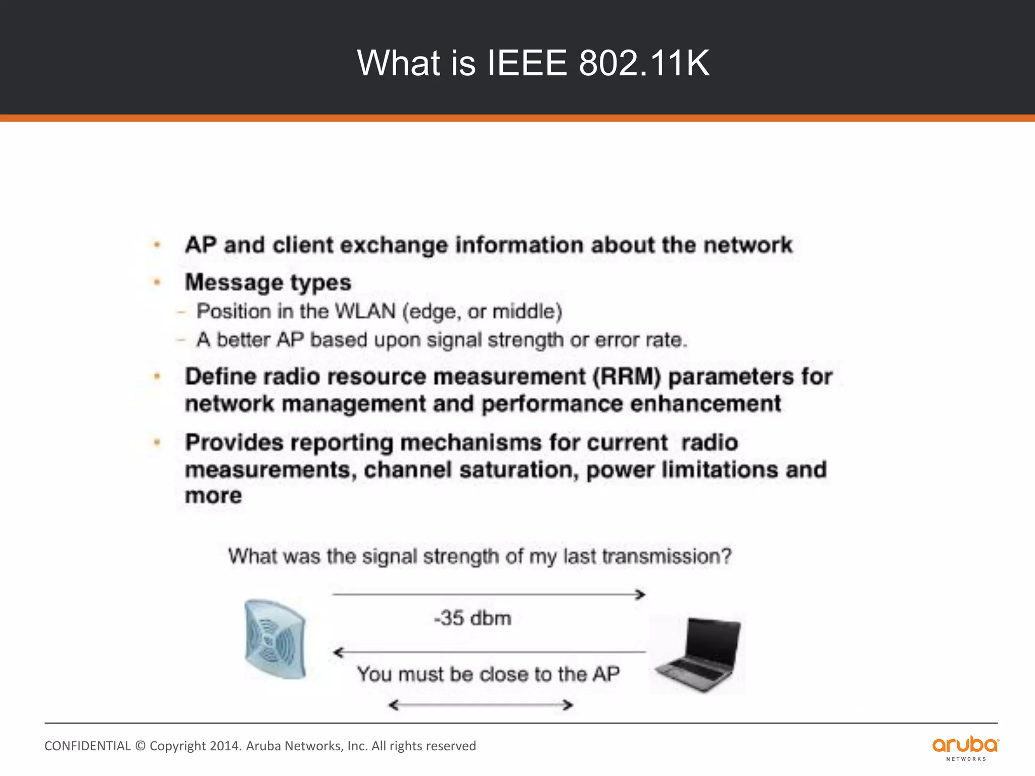 CONFIDENTIAL © Copyright 2014. Aruba Networks, Inc. All rights reserved
What is IEEE 802.11K
 