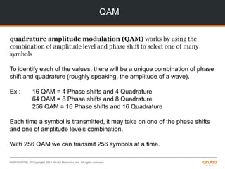 CONFIDENTIAL © Copyright 2014. Aruba Networks, Inc. All rights reserved
QAM
quadrature amplitude modulation (QAM) works by using the
combination of amplitude level and phase shift to select one of many
symbols
To identify each of the values, there will be a unique combination of phase
shift and quadrature (roughly speaking, the amplitude of a wave).
Ex : 16 QAM = 4 Phase shifts and 4 Quadrature
64 QAM = 8 Phase shifts and 8 Quadrature
256 QAM = 16 Phase shifts and 16 Quadrature
Each time a symbol is transmitted, it may take on one of the phase shifts
and one of amplitude levels combination.
With 256 QAM we can transmit 256 symbols at a time.
 