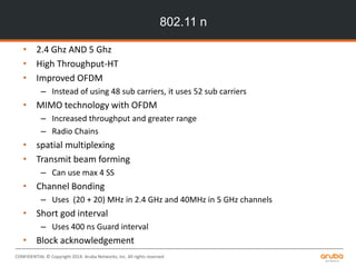 CONFIDENTIAL © Copyright 2014. Aruba Networks, Inc. All rights reserved
802.11 n
• 2.4 Ghz AND 5 Ghz
• High Throughput-HT
• Improved OFDM
– Instead of using 48 sub carriers, it uses 52 sub carriers
• MIMO technology with OFDM
– Increased throughput and greater range
– Radio Chains
• spatial multiplexing
• Transmit beam forming
– Can use max 4 SS
• Channel Bonding
– Uses (20 + 20) MHz in 2.4 GHz and 40MHz in 5 GHz channels
• Short god interval
– Uses 400 ns Guard interval
• Block acknowledgement
 