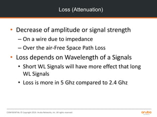 CONFIDENTIAL © Copyright 2014. Aruba Networks, Inc. All rights reserved
Loss (Attenuation)
• Decrease of amplitude or signal strength
– On a wire due to impedance
– Over the air-Free Space Path Loss
• Loss depends on Wavelength of a Signals
• Short WL Signals will have more effect that long
WL Signals
• Loss is more in 5 Ghz compared to 2.4 Ghz
 