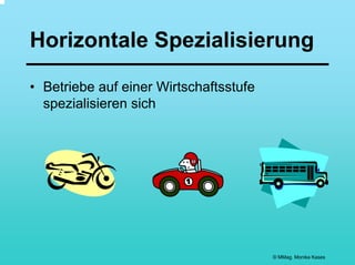 Horizontale Spezialisierung

• Betriebe auf einer Wirtschaftsstufe
  spezialisieren sich




                                        © MMag. Monika Kases
 