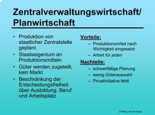Zentralverwaltungswirtschaft/
Planwirtschaft
• Produktion von              Vorteile:
  staatlicher Zentralstelle      – Produktionsmittel nach
  geplant                          Wichtigkeit eingesetzt
• Staatseigentum an              – Arbeit für jeden
  Produktionsmitteln          Nachteile:
• Güter werden zugeteilt,        – schwerfällige Planung
  kein Markt                     – wenig Güterauswahl
• Beschränkung der               – Privatinitiative fehlt
  Entscheidungsfreiheit
  über Ausbildung, Beruf
  und Arbeitsplatz

                                                © MMag. Monika Kases
 