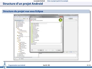 Les projets Android Créer un projet à partir d’un exemple
Structure d’un projet Android
Structure du projet vue sous Eclipse
Programmation sous Android Axe ISI - DSI 21 / 51
 