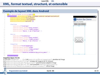 Layout XML XML
XML, format textuel, structuré, et extensible
Exemple de layout XML dans Android
ImageView (lignes 19 à 24)
(L19 et L24) <ImageView ... / > : (L20) android:id="@+id/imageView1" : identifiant de l’image
(L21) android:layout width="161dp" : la largeur de l’image est de 161 dot point
(L22) android:layout height="wrap content" : prend la hauteur adaptée à l’image
(L23) android:layout weight="0.36" : voir la propriété android:layout gravity
(L24) android:src="@android:drawable/sym action email" : URI de l’image
Programmation sous Android Axe ISI - DSI 33 / 51
 