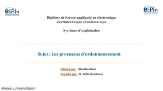 INTRODUCTION
Diplôme de licence appliquée en électronique
électrotechnique et automatique
Systèmes d’exploitation
Sujet : Les processus d’ordonnancement
Année universitaire :
Réalisé par : Alaa Ben Amor
Encadré par : M . Rafik khemkhem
 
