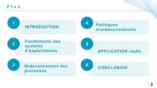 P l a n
3
1
INTRODUCTION
2
Ordonancement des
processus
3
Fondements des
systems
d’exploitations
4 Politiques
d’ordonancements
5
APPLICATION réelle
6
CONCLUSION
 