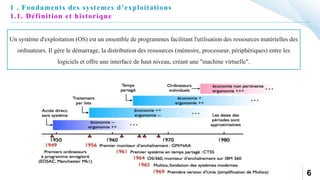 6
1 . Fondaments des systemes d’exploitations
1.1. Définition et historique
Un système d'exploitation (OS) est un ensemble de programmes facilitant l'utilisation des ressources matérielles des
ordinateurs. Il gère le démarrage, la distribution des ressources (mémoire, processeur, périphériques) entre les
logiciels et offre une interface de haut niveau, créant une "machine virtuelle".
 