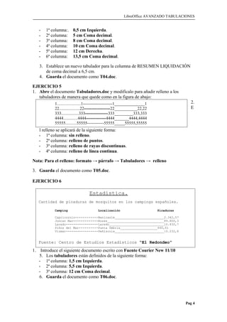 LibreOffice AVANZADO TABULACIONES
- 1ª columna:. 0,5 cm Izquierda.
- 2ª columna: 5 cm Coma decimal.
- 3ª columna: 8 cm Coma decimal.
- 4ª columna: 10 cm Coma decimal.
- 5ª columna: 12 cm Derecha.
- 6ª columna: 13,5 cm Coma decimal.
3. Establece un nuevo tabulador para la columna de RESUMEN LIQUIDACIÓN
de coma decimal a 6,5 cm.
4. Guarda el documento como T04.doc.
EJERCICIO 5
1. Abre el documento Tabuladores.doc y modifícalo para añadir relleno a los
tabuladores de manera que quede como en la figura de abajo:
2.
E
l relleno se aplicará de la siguiente forma:
- 1ª columna: sin relleno.
- 2ª columna: relleno de puntos.
- 3ª columna: relleno de rayas discontinuas.
- 4ª columna: relleno de línea continua.
Nota: Para el relleno: formato → párrafo → Tabuladores → relleno
3. Guarda el documento como T05.doc.
EJERCICIO 6
1. Introduce el siguiente documento escrito con Fuente Courier New 11/10
5. Los tabuladores están definidos de la siguiente forma:
- 1ª columna: 1,5 cm Izquierda.
- 2ª columna: 5,5 cm Izquierda.
- 3ª columna: 12 cm Coma decimal.
6. Guarda el documento como T06.doc.
Pag 4
1.........................1--------------------1_______________1
22...................22------------------22___________22,22
333................333----------------333_________333,333
4444.............4444--------------4444_______4444,4444
55555..........55555-----------55555_____55555,55555
Estadística.
Cantidad de picaduras de mosquitos en los campings españoles.
Camping Localización Picaduras
Capricornio------------Benicasim___________________________2.342,57
Joncar Mar-------------Rosas_______________________________89.800,3
Laredo-----------------Laredo______________________________10.450,7
Piños del Mar----------Punta Umbria_____________________640,01
Vizmar-----------------Peñíscola___________________________10.232,8
Fuente: Centro de Estudios Estadísticos “El Redondeo”
 