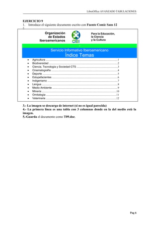 LibreOffice AVANZADO TABULACIONES
EJERCICIO 9
1. Introduce el siguiente documento escrito con Fuente Comic Sans 12
2.
Organización
de Estados
Iberoamericanos
Para la Educación,
la Ciencia
y la Cultura
Servicio Informativo Iberoamericano
Índice Temas
• Agricultura ...........................................................................................................1
• Biodiversidad ......................................................................................................2
• Ciencia, Tecnología y Sociedad CTS .............................................................3
• Cinematografía ...................................................................................................4
• Deporte ................................................................................................................5
• Estupefacientes ..................................................................................................6
• Indigenismo .........................................................................................................7
• Lengua .................................................................................................................8
• Medio Ambiente .................................................................................................9
• Minería ...............................................................................................................10
• Ornitología .........................................................................................................11
• Veterinaria .........................................................................................................12
3.- La imagen se descarga de internet (si no es igual parecida)
4.- La primera línea es una tabla con 3 columnas donde en la del medio està la
imagen.
5.-Guarda el documento como T09.doc.
Pag 6
 