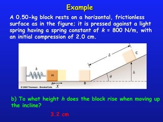 x
ExampleExample
b) To what height h does the block rise when moving up
the incline?
A 0.50-kg block rests on a horizontal, frictionless
surface as in the figure; it is pressed against a light
spring having a spring constant of k = 800 N/m, with
an initial compression of 2.0 cm.
3.2 cm
 