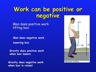 Work can be positive orWork can be positive or
negativenegative
• Man does positive work
lifting box
Man does negative work
lowering box
Gravity does positive work
when box lowers
Gravity does negative work
when box is raised
 