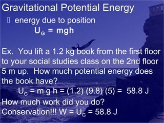 Gravitational Potential Energy
 energy due to position
U G = mgh
Ex. You lift a 1.2 kg book from the first floor
to your social studies class on the 2nd floor
5 m up. How much potential energy does
the book have?
UG = m g h = (1.2) (9.8) (5) = 58.8 J
How much work did you do?
Conservation!!! W = UG = 58.8 J

 