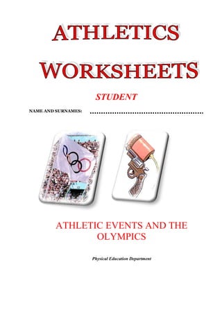 STUDENT<br />NAME AND SURNAMES: <br />3206115111125712470111125<br />ATHLETIC EVENTS AND THE OLYMPICS<br />Physical Education Department<br />WORKSHEET<br />INICIAL TEST<br />-12573062230<br />The Physical Education Department wants you to know your physical skills, for that you must be sincere with your marks.<br />Note: It is not an exam and we only intend you to know your health state.<br />NAME AND SURNAME: <br />TEST DE COOPERWrong1.600 m.2.100 m.VO2 max. (ml/kg./min.)22,351 * Distance - 11,288Normal1.900 m.2.500 m.Good2.100 m.2.750 m.Excellent2.450 m.3.000 m.<br />MEDICINAL BALL TRHOWINGWrong= 2 . ; Normal=3,5 ; Good= 5; Excellent: 7Wrong= 3 . ; Normal = 5 ; Good= 7 ; Excellent: 8 METERSVERTICAL JUMPWrong =15 . ; Normal =20 ; Good=30 ; Excellent: 40 Wrong =25 . ; Normal=35 ; Good= 40 ; Excellent:55 CENTIMETERSCURL UP IN 30 SECONDSWrong =15 . ; Normal =20 ; Good=23 ; Excellent:25 Wrong =18 . ; Normal=23 ; Good=28 ; Excellent:32 CURL UP DONE<br />SPEED50 metersWrong = 9,5 . ; Normal = 9 ; Good= 8,5 ; Excellent: 8 Wrong= 9 . ; Normal = 8; Good= 7,5; Excellent: 7TIME<br />SPAGATWrong =40 . ; Normal =30 ; Good=20  ; Excellent: 10Wrong  =50 . ;Normal = 40 ; Good= 30 ; Excellent: 20CENTÍMETERSBEND DEEP OF TRUNKWrong = 17 . ; Normal= 25 ; Good= 35 ; Excellent 45: Wrong= 15 . ; Normal= 22; Good= 30 ; Excellent: 40CENTÍMETERS<br />WORKSHEETS<br />ATHLETIC EVENTS: AEROBIC AND ANAEROBIC DISTANCES<br />1.500- 800 AND 400 METERS<br />LAPS TIME IN 1.500 METERSDISTANCES TO CONTROLPROFESIONAL MARKSYOUR MARKSMales (100m en 13quot;
 73)Females (100m.en 15quot;
 33)LAPSADD TIME300 meters41 sc.46 sg.700 meters58 sc.- 1´39quot;
1 m. 5 sg- 1´51quot;
1.100 meters58 sc.- 2´37quot;
1m. - 2´51quot;
1.500 meters49 sc.- 3´26quot;
59 sg.-3´50quot;
RECORD3 m. 26 sc.3 m.50 sc.<br />LAPS TIME IN 800 METERSDISTANCESTOCONTROLPROFESIONAL MARKSYOUR MARKS Males Females LAPSADD TIME200 meters26 sc.28 sc.400 meters26 sc.-52 quot;
28 sc.-56quot;
600 meters24 sc.-1´16quot;
30 sc.-1´26quot;
800 meters24 sc.- 1´40quot;
30 sg.-1´56quot;
RECORD1 m. 41 sc. 11 cen.1 m. 53 sc. 28 cen.<br />LAPS TIME IN 400 METERSDISTANCESTOCONTROLPROFESIONAL MARKSYOUR MARKSMales Females LAPSADD TIME100 meters11 sc.12 sc.200 meters11 sc.12 sc.300 meters11 sc.12 sc.400 meters11 sc.12 sc.RECORD43´18quot;
47´60quot;
<br />WORSHEET<br />SPEED 100 & 200 METERS<br />1306195109855<br />SPEED100 METERSMalesFemalesYOUR MARKS100 METROS50 m.5´15quot;
5´54quot;
100 m.4´64quot;
4´95quot;
RECORD9´79quot;
10´49quot;
200 METERS100 m.10´35quot;
11´35quot;
200 m.8´97quot;
9´99quot;
RECORD19´32quot;
21¨34quot;
<br />WORKSHEET<br />THROWINGS<br />THROWINGSMARKS AND EXCELLENT IN THROWINGSYOUR MARKSJABALINMalesFemales98m. 48 cm.69m. 48 cm.DISCUS74m.08cm.76m. 07cm.-95250049530SHOT PUT23m.12cm.22m. 63cm.4 KG. MEDICINAL BALL OVER YOUR HEAD9m 45cm.7 m. 85cm.MEDICINAL BALL THROWINGS WITH YOU DOMINATE HAND12m.15cm.9m. 45cm.<br />WORKSHEET<br />High jump Evolution<br />HISTORIC TECNIQUESMain principles to all jumping eventsTRIESFRONTAL JUMPHIGHStarting run - this is the period of time where the athlete gathers speed for the take-off. Take off - this is the transition between the run and the jump with the athlete propelling their body into the air. Flight - this is the period of time when the body is airborne, sending them horizontally away from the starting point in the long jump or triple jump and vertically over the bar in the high jump. Landing - this is the point at which the athlete finishes the jump marking the distance (in the case of the long jump and triple jump) that they have travelled through the air.1ºFALSE2ºFALSE3ºFALSESIMPLE SCISSORS1ºFALSE2ºFALSE3ºFALSEVENTRAL JUMP1ºFALSE2ºFALSE3ºFALSEDORSAL JUMP OR FUSBURY JUMP1ºFALSE2ºFALSE3ºFALSE<br />WORKSHEET<br />Athletes and landmarks in the history of the Modern Olympic Games<br />ATHLETEOLYMPIC GAMEEVENTLANDMARK<br />ATHLETEOLYMPIC GAMEEVENTLANDMARK<br />ATHLETEOLYMPIC GAMEEVENTLANDMARK<br />ATHLETEOLYMPIC GAMEEVENTLANDMARK<br />ATHLETEOLYMPIC GAMEEVENTLANDMARK<br />ATHLETEOLYMPIC GAMEEVENTLANDMARK<br />ATHLETEOLYMPIC GAMEEVENTLANDMARK<br />WORKSHEET<br />Athletes and landmarks in the history of the Modern Olympic Games<br />ATHLETEOLYMPIC GAMEEVENTLANDMARK<br />ATHLETEOLYMPIC GAMEEVENTLANDMARK<br />ATHLETEOLYMPIC GAMEEVENTLANDMARK<br />ATHLETEOLYMPIC GAMEEVENTLANDMARK<br />ATHLETEOLYMPIC GAMEEVENTLANDMARK<br />ATHLETEOLYMPIC GAMEEVENTLANDMARK<br />ATHLETEOLYMPIC GAMEEVENTLANDMARK<br />WORKSHEET<br />FINAL TEST<br />-12573062230<br />The Physical Education Department wants you to know your physical skills, for that you must be sincere with your marks.<br />Note: It is not an exam and we only intend you to know your health state.<br />NAME AND SURNAME: <br />TEST DE COOPERWrong1.600 m.2.100 m.VO2 max. (ml/kg./min.)22,351 * Distance - 11,288Normal1.900 m.2.500 m.Good2.100 m.2.750 m.Excellent2.450 m.3.000 m.<br />MEDICINAL BALL TRHOWINGWrong= 2 . ; Normal=3,5 ; Good= 5; Excellent: 7Wrong= 3 . ; Normal = 5 ; Good= 7 ; Excellent: 8 METERSVERTICAL JUMPWrong =15 . ; Normal =20 ; Good=30 ; Excellent: 40 Wrong =25 . ; Normal=35 ; Good= 40 ; Excellent:55 CENTIMETERSCURL UP IN 30 SECONDSWrong =15 . ; Normal =20 ; Good=23 ; Excellent:25 Wrong =18 . ; Normal=23 ; Good=28 ; Excellent:32 CURL UP DONE<br />SPEED50 metersWrong = 9,5 . ; Normal = 9 ; Good= 8,5 ; Excellent: 8 Wrong= 9 . ; Normal = 8; Good= 7,5; Excellent: 7TIME<br />SPAGATWrong =40 . ; Normal =30 ; Good=20  ; Excellent: 10Wrong  =50 . ;Normal = 40 ; Good= 30 ; Excellent: 20CENTÍMETERSBEND DEEP OF TRUNKWrong = 17 . ; Normal= 25 ; Good= 35 ; Excellent 45: Wrong= 15 . ; Normal= 22; Good= 30 ; Excellent: 40CENTÍMETERS<br />