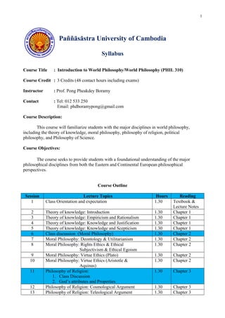 Paññāsāstra University of Cambodia
Syllabus
Course Title : Introduction to World Philosophy/World Philosophy (PHIL 310)
Course Credit : 3 Credits (48 contact hours including exams)
Instructor : Prof. Pong Pheakdey Boramy
Contact : Tel: 012 533 250
Email: phdboramypong@gmail.com
Course Description:
This course will familiarize students with the major disciplines in world philosophy,
including the theory of knowledge, moral philosophy, philosophy of religion, political
philosophy, and Philosophy of Science.
Course Objectives:
The course seeks to provide students with a foundational understanding of the major
philosophical disciplines from both the Eastern and Continental European philosophical
perspectives.
Course Outline
Session Lecture Topics Hours Reading
1 Class Orientation and expectation 1.30 Textbook &
Lecture Notes
2 Theory of knowledge: Introduction 1.30 Chapter 1
3 Theory of knowledge: Empiricism and Rationalism 1.30 Chapter 1
4 Theory of knowledge: Knowledge and Justification 1.30 Chapter 1
5 Theory of knowledge: Knowledge and Scepticism 1.30 Chapter 1
6 Class discussion (Moral Philosophy) 1.30 Chapter 2
7 Moral Philosophy: Deontology & Utilitarianism 1.30 Chapter 2
8 Moral Philosophy: Rights Ethics & Ethical
Subjectivism & Ethical Egoism
1.30 Chapter 2
9 Moral Philosophy: Virtue Ethics (Plato) 1.30 Chapter 2
10 Moral Philosophy: Virtue Ethics (Aristotle &
Aquinas)
1.30 Chapter 2
11 Philosophy of Religion:
1. Class Discussion
2. God’s attributes and Properties
1.30 Chapter 3
12 Philosophy of Religion: Cosmological Argument 1.30 Chapter 3
13 Philosophy of Religion: Teleological Argument 1.30 Chapter 3
1
 