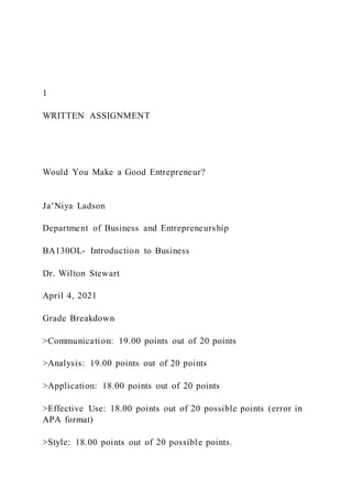 1
WRITTEN ASSIGNMENT
Would You Make a Good Entrepreneur?
Ja’Niya Ladson
Department of Business and Entrepreneurship
BA130OL- Introduction to Business
Dr. Wilton Stewart
April 4, 2021
Grade Breakdown
>Communication: 19.00 points out of 20 points
>Analysis: 19.00 points out of 20 points
>Application: 18.00 points out of 20 points
>Effective Use: 18.00 points out of 20 possible points (error in
APA format)
>Style: 18.00 points out of 20 possible points.
 