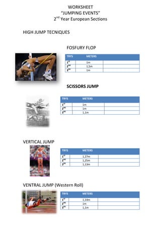 WORKSHEET
“JUMPING EVENTS”
nd
2 Year European Sections
HIGH JUMP TECNIQUES
FOSFURY FLOP
TRYS

METERS

1ST
2ND
3RD

1m
1,5m
1m

SCISSORS JUMP
TRYS

METERS

1ST
2ND
3RD

1m
1m
1,1m

TRYS

METERS

1ST
2ND
3RD

1,27m
1,25m
1,13m

VERTICAL JUMP

VENTRAL JUMP (Western Roll)
TRYS

METERS

1ST
2ND
3RD

1,14m
1m
1,1m

 