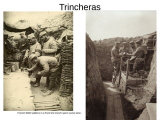 Trincheras
French WWI soldiers in a front line trench warm some wine.
 
