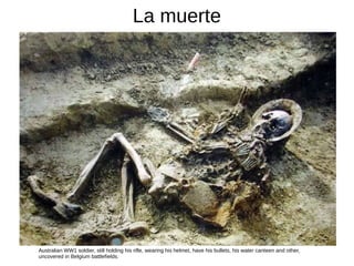 La muerte
Australian WW1 soldier, still holding his rifle, wearing his helmet, have his bullets, his water canteen and other,
uncovered in Belgium battlefields.
 