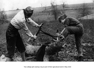 Two college girls sawing a log as part of their agricultural work in May 1918
 