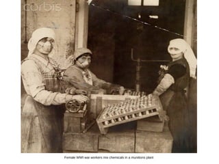 Female WWI war workers mix chemicals in a munitions plant
 