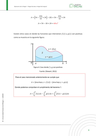 Aplicación de la integral – Integral de área e integral de longitud
8
©
Universidad
Estatal
de
Milagro
–
UNEMI
𝐴 = V54 −
216
12
+ 24X − (0) = 54 −
216
12
+ 24
𝐴 = 54 − 18 + 24 = 60	𝑢C
Existen otros casos en donde las funciones que intervienen 𝑓(𝑥) y 𝑔(𝑥) son positivas
como se muestra en la siguiente figura:
	
	
	
Figura 4. Caso donde 𝑓 y 𝑔 son positivas
Fuente: (Stewart, 2012)
Para el caso mencionado anteriormente se cumple que:
𝐴 = [área	bajo	𝑦 = 𝑓(𝑥)] − [área	bajo	𝑦 = 𝑔(𝑥)]
Donde podemos comprobar el cumplimiento del teorema 1:
𝐴 = E 𝑓(𝑥)
F
G
𝑑𝑥 − E 𝑔(𝑥)
F
G
𝑑𝑥 = E [𝑓(𝑥) − 𝑔(𝑥)]
F
G
𝑑𝑥
 