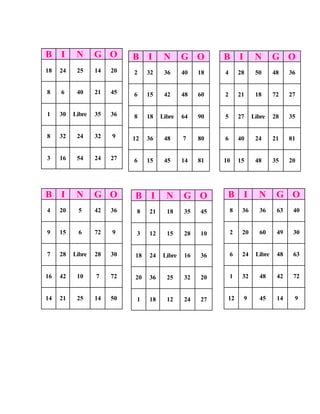 B I N G O
18 24 25 14 20
8 6 40 21 45
1 30 Libre 35 36
8 32 24 32 9
3 16 54 24 27
B I N G O
2 32 36 40 18
6 15 42 48 60
8 18 Libre 64 90
12 36 48 7 80
6 15 45 14 81
B I N G O
4 20 5 42 36
9 15 6 72 9
7 28 Libre 28 30
16 42 10 7 72
14 21 25 14 50
B I N G O
8 21 18 35 45
3 12 15 28 10
18 24 Libre 16 36
20 36 25 32 20
1 18 12 24 27
B I N G O
4 28 50 48 36
2 21 18 72 27
5 27 Libre 28 35
6 40 24 21 81
10 15 48 35 20
B I N G O
8 36 36 63 40
2 20 60 49 30
6 24 Libre 48 63
1 32 48 42 72
12 9 45 14 9
 