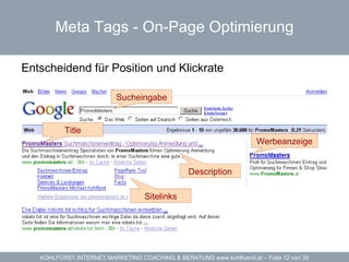 Meta Tags -  On-Page Optimierung Entscheidend für Position und Klickrate Sucheingabe Werbeanzeige Title Description Sitelinks 