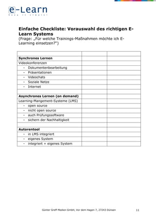 Günter Greff Medien GmbH, Vor dem Hagen 7, 27243 Dünsen 11
Einfache Checkliste: Vorauswahl des richtigen E-
Learn Systems
(Frage: „Für welche Trainings-Maßnahmen möchte ich E-
Learning einsetzen?“)
Synchrones Lernen
Videokonferenzen
- Dokumentenbearbeitung
- Präsentationen
- Videochats
- Soziale Netze
- Internet
Asynchrones Lernen (on demand)
Learning-Mangement-Systeme (LMS)
- open source
- nicht open source
- auch Prüfungssoftware
- sichern der Nachhaltigkeit
Autorentool
- in LMS integriert
- eigenes System
- integriert + eigenes System
 