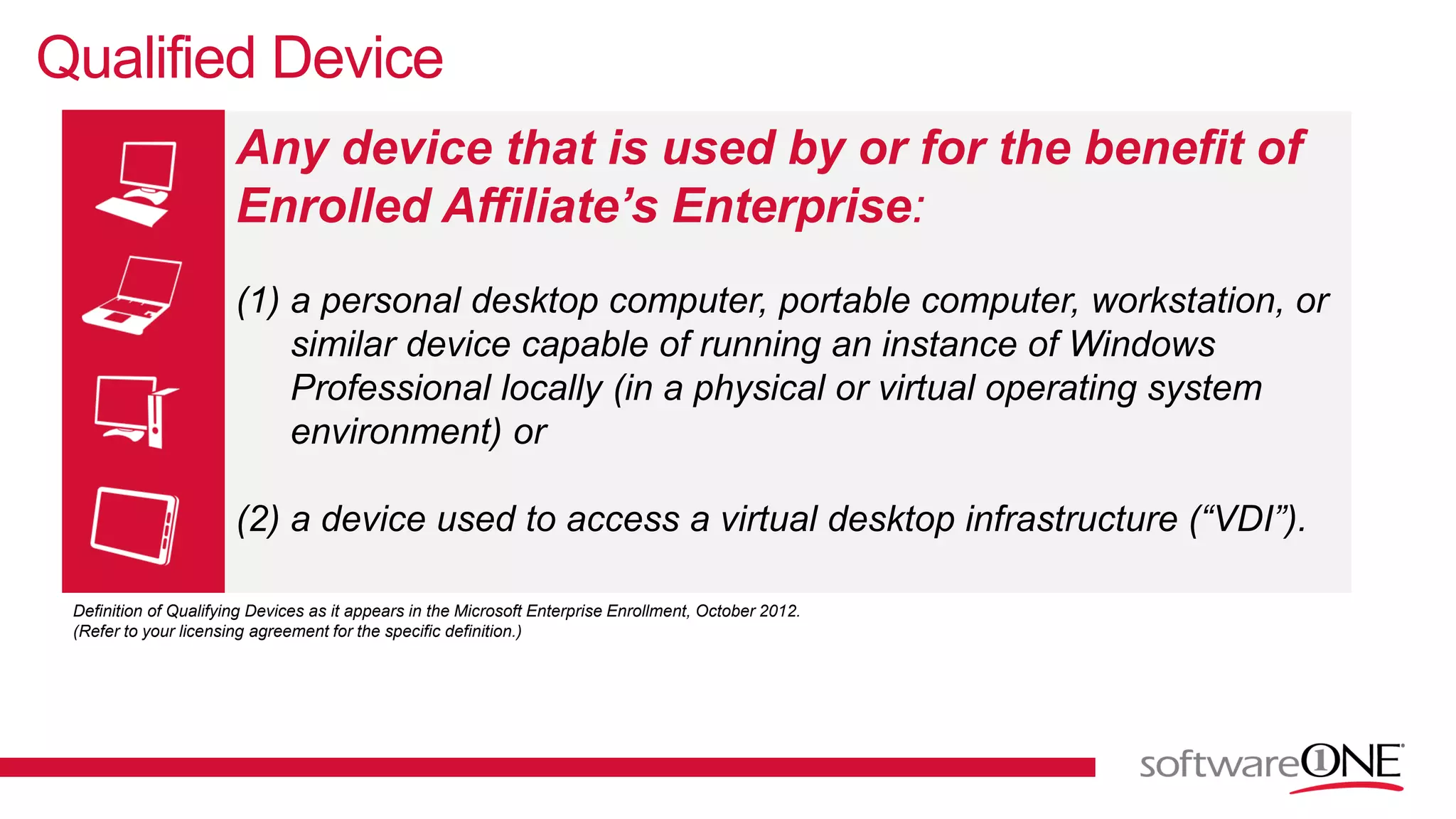 Qualified Device
Any device that is used by or for the benefit of
Enrolled Affiliate’s Enterprise:
(1) a personal desktop computer, portable computer, workstation, or
similar device capable of running an instance of Windows
Professional locally (in a physical or virtual operating system
environment) or
(2) a device used to access a virtual desktop infrastructure (“VDI”).
Definition of Qualifying Devices as it appears in the Microsoft Enterprise Enrollment, October 2012.
(Refer to your licensing agreement for the specific definition.)
 