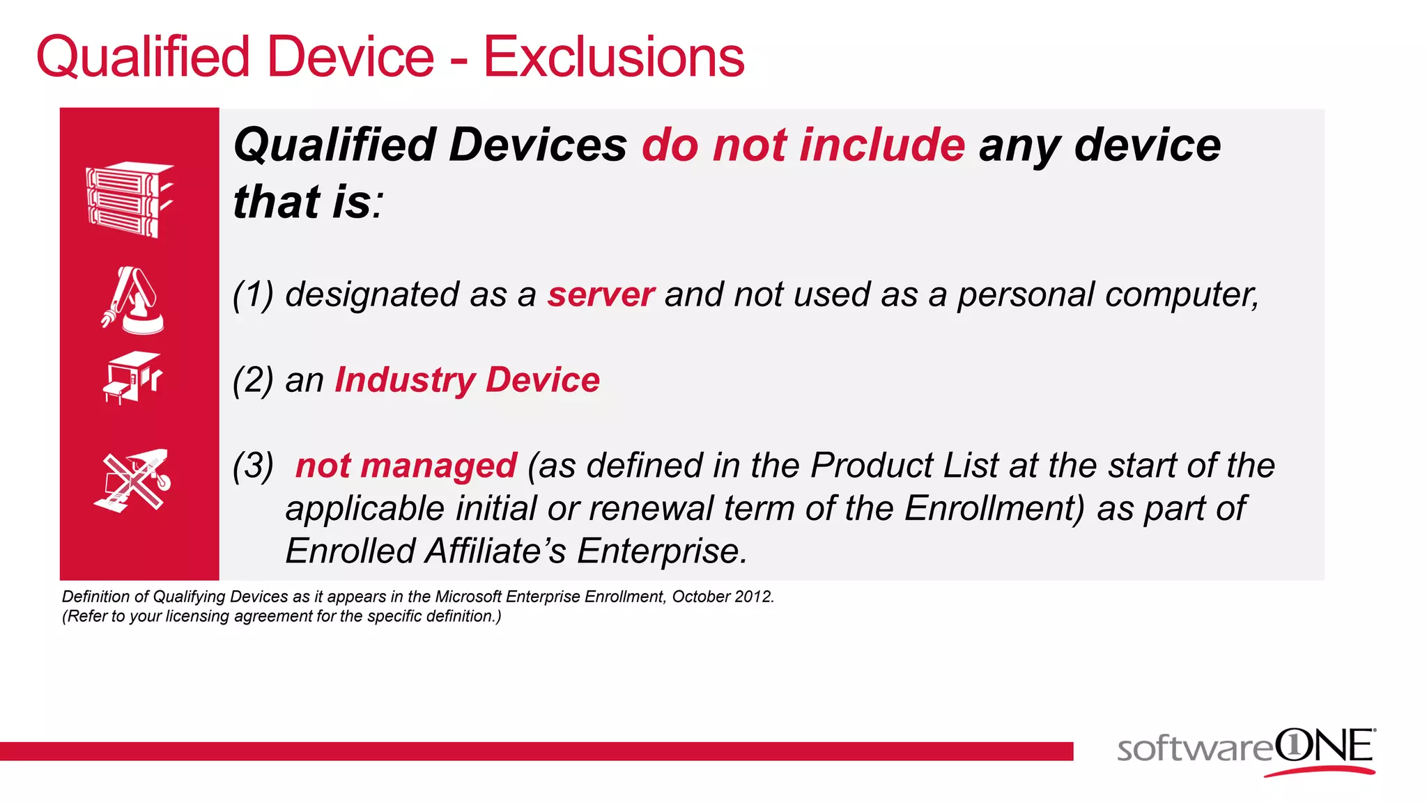 Qualified Device - Exclusions
Qualified Devices do not include any device
that is:
(1) designated as a server and not used as a personal computer,
(2) an Industry Device
(3) not managed (as defined in the Product List at the start of the
applicable initial or renewal term of the Enrollment) as part of
Enrolled Affiliate’s Enterprise.
Definition of Qualifying Devices as it appears in the Microsoft Enterprise Enrollment, October 2012.
(Refer to your licensing agreement for the specific definition.)
 