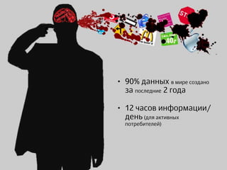 • 90% данных в мире создано
за последние 2 года
• 12 часов информации/
день (для активных
потребителей)
 