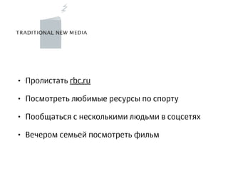 • Пролистать rbc.ru
• Посмотреть любимые ресурсы по спорту
• Пообщаться с несколькими людьми в соцсетях
• Вечером семьей посмотреть фильм
 