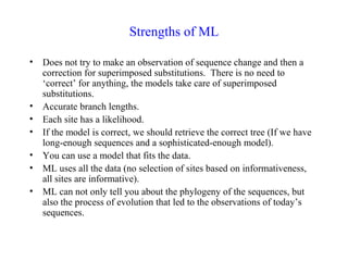 Strengths of ML
• Does not try to make an observation of sequence change and then a
correction for superimposed substitutions. There is no need to
‘correct’ for anything, the models take care of superimposed
substitutions.
• Accurate branch lengths.
• Each site has a likelihood.
• If the model is correct, we should retrieve the correct tree (If we have
long-enough sequences and a sophisticated-enough model).
• You can use a model that fits the data.
• ML uses all the data (no selection of sites based on informativeness,
all sites are informative).
• ML can not only tell you about the phylogeny of the sequences, but
also the process of evolution that led to the observations of today’s
sequences.
 