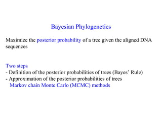Bayesian Phylogenetics
Maximize the posterior probability of a tree given the aligned DNA
sequences
Two steps
- Definition of the posterior probabilities of trees (Bayes’ Rule)
- Approximation of the posterior probabilities of trees
Markov chain Monte Carlo (MCMC) methods
 