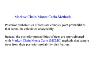 Markov Chain Monte Carlo Methods
Posterior probabilities of trees are complex joint probabilities
that cannot be calculated analytically.
Instead, the posterior probabilities of trees are approximated
with Markov Chain Monte Carlo (MCMC) methods that sample
trees from their posterior probability distribution.
 