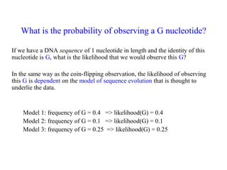 What is the probability of observing a G nucleotide?
If we have a DNA sequence of 1 nucleotide in length and the identity of this
nucleotide is G, what is the likelihood that we would observe this G?
In the same way as the coin-flipping observation, the likelihood of observing
this G is dependent on the model of sequence evolution that is thought to
underlie the data.
Model 1: frequency of G = 0.4 => likelihood(G) = 0.4
Model 2: frequency of G = 0.1 => likelihood(G) = 0.1
Model 3: frequency of G = 0.25 => likelihood(G) = 0.25
 