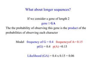 What about longer sequences?
If we consider a gene of length 2
gene 1 GA
The the probability of observing this gene is the product of the
probabilities of observing each character
Model frequency of G = 0.4 frequencyof A= 0.15
p(G) = 0.4 p(A) =0.15
Likelihood (GA) = 0.4 x 0.15 = 0.06
 