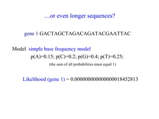 …or even longer sequences?
gene 1 GACTAGCTAGACAGATACGAATTAC
Model simple base frequency model
p(A)=0.15; p(C)=0.2; p(G)=0.4; p(T)=0.25;
(the sum of all probabilities must equal 1)
Likelihood (gene 1) = 0.000000000000000018452813
 
