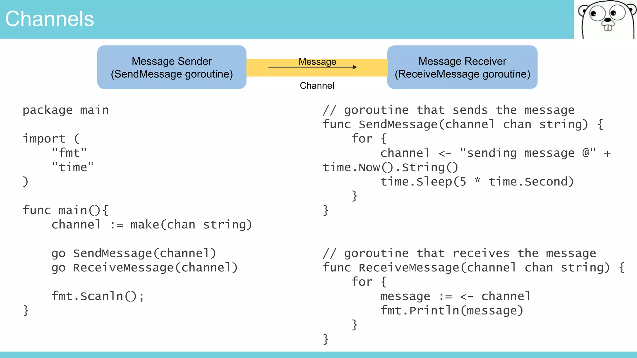 Channels
package main
import (
"fmt"
"time“
)
func main(){
channel := make(chan string)
go SendMessage(channel)
go ReceiveMessage(channel)
fmt.Scanln();
}
// goroutine that sends the message
func SendMessage(channel chan string) {
for {
channel <- "sending message @" +
time.Now().String()
time.Sleep(5 * time.Second)
}
}
// goroutine that receives the message
func ReceiveMessage(channel chan string) {
for {
message := <- channel
fmt.Println(message)
}
}
Message Sender
(SendMessage goroutine)
Message Receiver
(ReceiveMessage goroutine)
Message
Channel
 