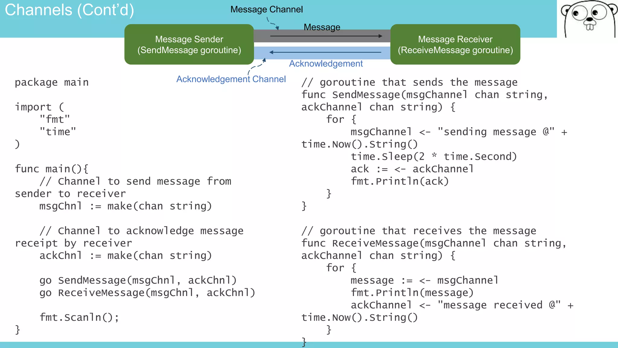 Channels (Cont’d)
package main
import (
"fmt"
"time"
)
func main(){
// Channel to send message from
sender to receiver
msgChnl := make(chan string)
// Channel to acknowledge message
receipt by receiver
ackChnl := make(chan string)
go SendMessage(msgChnl, ackChnl)
go ReceiveMessage(msgChnl, ackChnl)
fmt.Scanln();
}
// goroutine that sends the message
func SendMessage(msgChannel chan string,
ackChannel chan string) {
for {
msgChannel <- "sending message @" +
time.Now().String()
time.Sleep(2 * time.Second)
ack := <- ackChannel
fmt.Println(ack)
}
}
// goroutine that receives the message
func ReceiveMessage(msgChannel chan string,
ackChannel chan string) {
for {
message := <- msgChannel
fmt.Println(message)
ackChannel <- "message received @" +
time.Now().String()
}
}
Message Sender
(SendMessage goroutine)
Message Receiver
(ReceiveMessage goroutine)
Message
Message Channel
Acknowledgement
Acknowledgement Channel
 