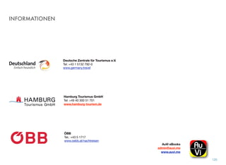 AM ENDE NOTIERT
Dieses eBook gibt eine kleine Übersicht über die zweitgrößte Stadt
Deutschlands. Hier ist soviel zu sehen, soviel zu erleben, dass man
einfach öfters kommen muss. Wir haben die wenigen Tage, die wir
für Recherchen und Fotos nutzen konnten, sehr genossen, nicht zu-
letzt wegen der freundlichen Unterstützung vieler Menschen Vorort.
DAS TEAM
AuVi Bücher sind die Arbeit von zwei Personen, Rudolf J. Strutz, der
die deutschen und englischen Texte verfasst und Vlad Emil Anitei,
der das Erfassen der lokalen Daten abwickelt.
QUELLENANGABE
Fotos und Texte Rudolf J. Strutz. Die Übersichtskarten stammen
von DB, HADAG, HVV Hamburg Tourismus und ÖBB. Das Video
der ÖBB Weltrekordfahrt stammt von bahnorama. Das Foto der Air-
bushalle stammt von Airbus SAS.
COPYRIGHT
Das Buch wurde unter der Creative Commons Lizenz lizensiert: Na-
mensnennung - Nicht kommerziell - Keine Bearbeitung - Weitergabe
unter gleichen Bedingungen.
© AuVi - Rudolf J. Strutz - 2015
Dieses eBook steht kostenlos zur Verfügung.
Alle Logos und Firmennamen werden ausschließlich zu Informations-
zwecken verwendet, eine Verwendung außerhalb dieses eBooks ist
mit den Inhabern der Rechte entsprechend abzuklären.
119
 