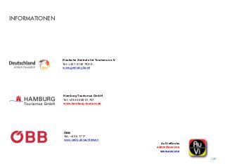 INFORMATIONEN
120
Deutsche Zentrale für Tourismus e.V.
Tel: +43 1 5132 792-0
www.germany.travel
Hamburg Tourismus GmbH
Tel: +49 40 300 51 701
www.hamburg-tourism.de
AuVi eBooks  
admin@auvi.me
www.auvi.me
ÖBB
Tel.: +43 5 1717 
www.oebb.at/nachtreisen
 