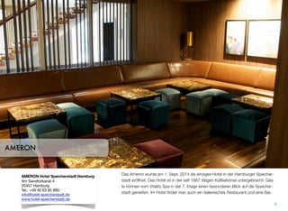 Nicht weit vom Rathaus entfernt ﬁndet man das Brauhaus Joh. Albrecht. Das Lokal
ist direkt an der Binnenalster. Freunde eines gepﬂegten Bieres und herzhafter Spei-
sen werden sich hier wohlfühlen. Das Lokal ist täglich von 11:00 bis 24:00 geöffnet.
Wenn das Wetter es erlaubt kann man auch direkt am Wasser sitzen.
6
BRAUHAUS ALBRECHT
Brauhaus Joh. Albrecht
Adolphsbrücke 7
20457 Hamburg
Tel.: +49 40 36 77 40
hamburg@brauhaus-joh-albrecht.de
hamburg.brauhaus-joh-albrecht.de/
 