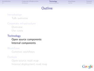 Introduction       Corporate infrastructure       Technology   Workﬂows   Outlook



                                              Outline
       Introduction
           Talk overview
       Corporate infrastructure
          Overview
          Use cases
       Technology
          Open source components
          Internal components
       Workﬂows
         Common workﬂows
       Outlook
          Open-source road map
          Internal deployment road map
 