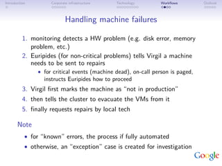 Introduction        Corporate infrastructure   Technology       Workﬂows        Outlook



                            Handling machine failures

          1. monitoring detects a HW problem (e.g. disk error, memory
             problem, etc.)
          2. Euripides (for non-critical problems) tells Virgil a machine
             needs to be sent to repairs
               • for critical events (machine dead), on-call person is paged,
                  instructs Euripides how to proceed
          3. Virgil ﬁrst marks the machine as “not in production”
          4. then tells the cluster to evacuate the VMs from it
          5. ﬁnally requests repairs by local tech

       Note
           • for “known” errors, the process if fully automated
           • otherwise, an “exception” case is created for investigation
 