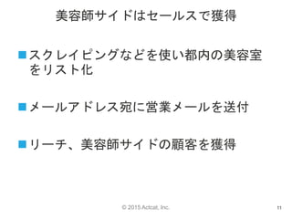 © 2015 Actcat, Inc.
美容師サイドはセールスで獲得
11
スクレイピングなどを使い都内の美容室
をリスト化
メールアドレス宛に営業メールを送付
リーチ、美容師サイドの顧客を獲得
 