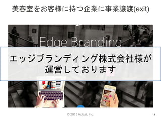 © 2015 Actcat, Inc.
美容室をお客様に持つ企業に事業譲渡(exit)
14
エッジブランディング株式会社様が
運営しております
 