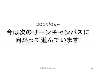 © 2015 Actcat, Inc.
2015/04~
やっと暗黒時代を抜けた。
成長フェーズに移行!
39
今は次のリーンキャンバスに
向かって進んでいます!
 